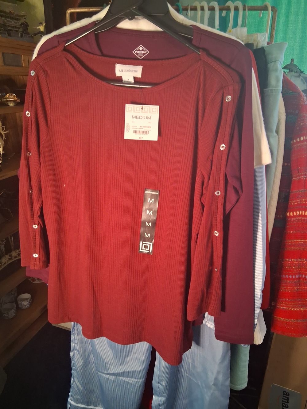 Liz Claiborne Ribbed Button-Trim Top in Deep Red